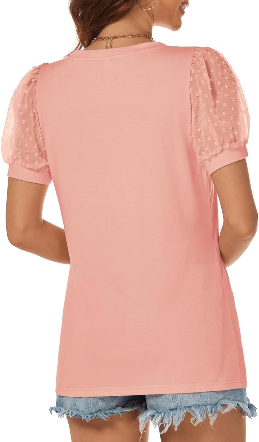 image:imageATHMILE Womens Summer Tops V Neck T Shirts Swiss Dot Puff Sleeve Tops Loose Casual TshirtsCoral Pink