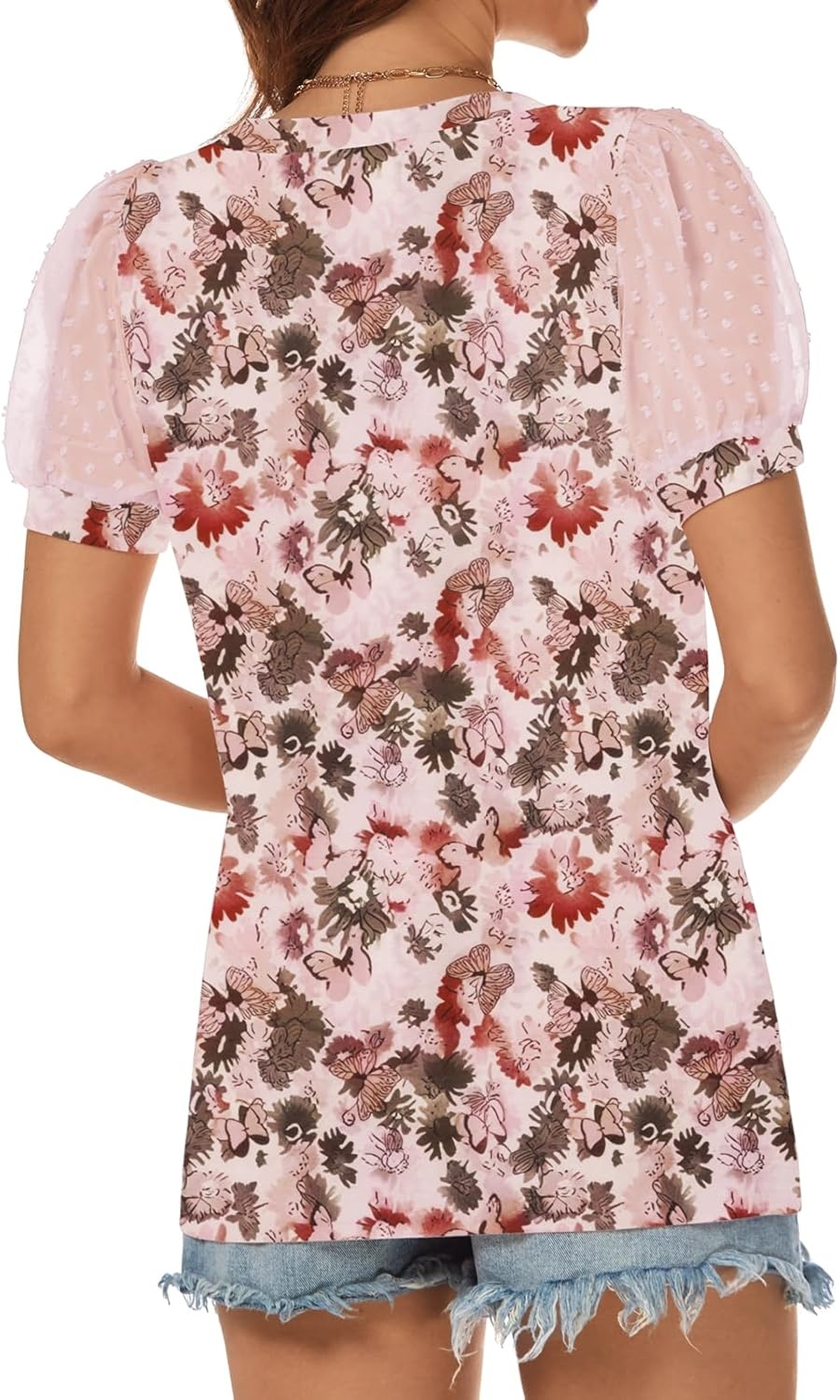 image:imageATHMILE Womens Summer Tops V Neck T Shirts Swiss Dot Puff Sleeve Tops Loose Casual TshirtsThe Butterfly