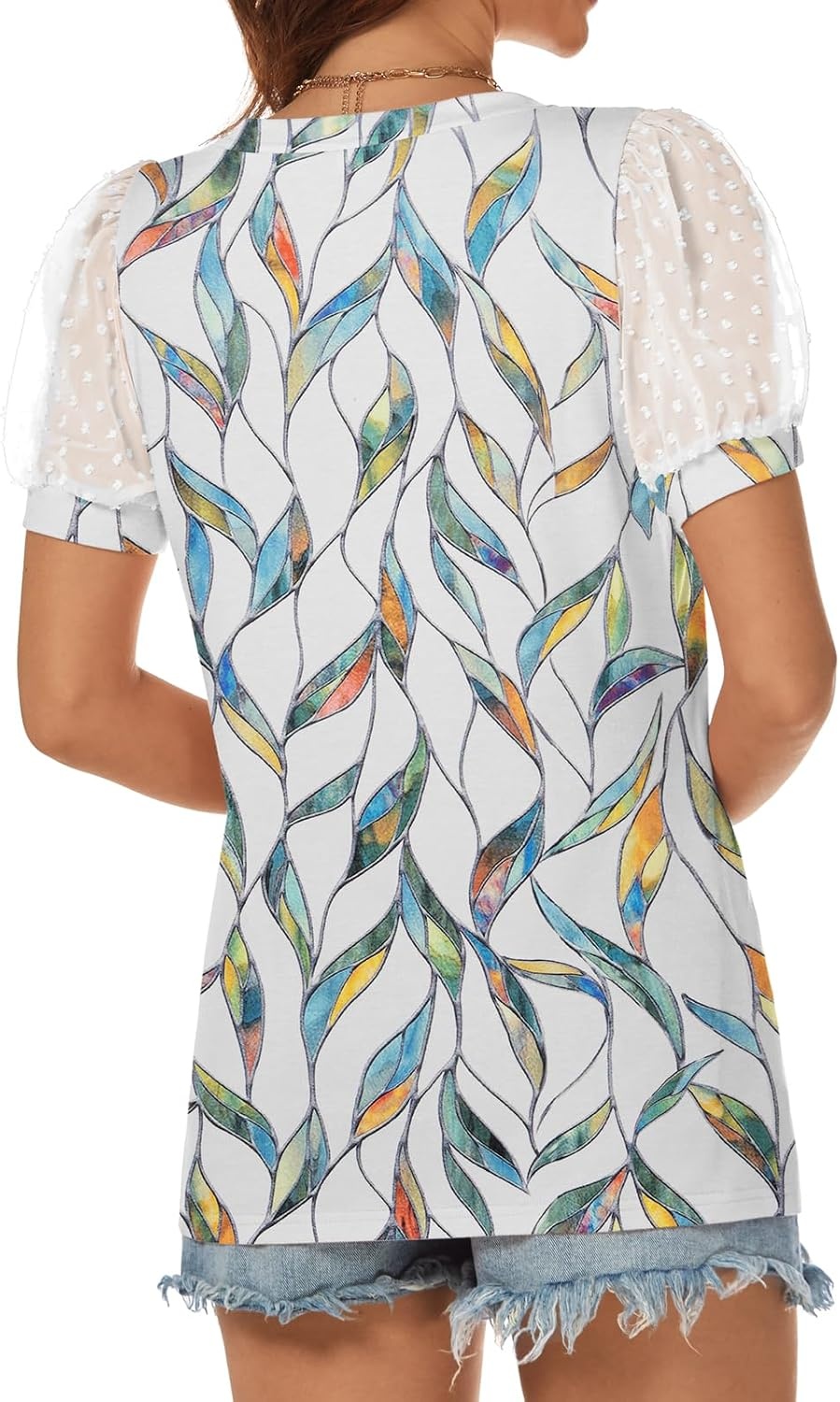 image:imageATHMILE Womens Summer Tops V Neck T Shirts Swiss Dot Puff Sleeve Tops Loose Casual TshirtsThe Leaf Print