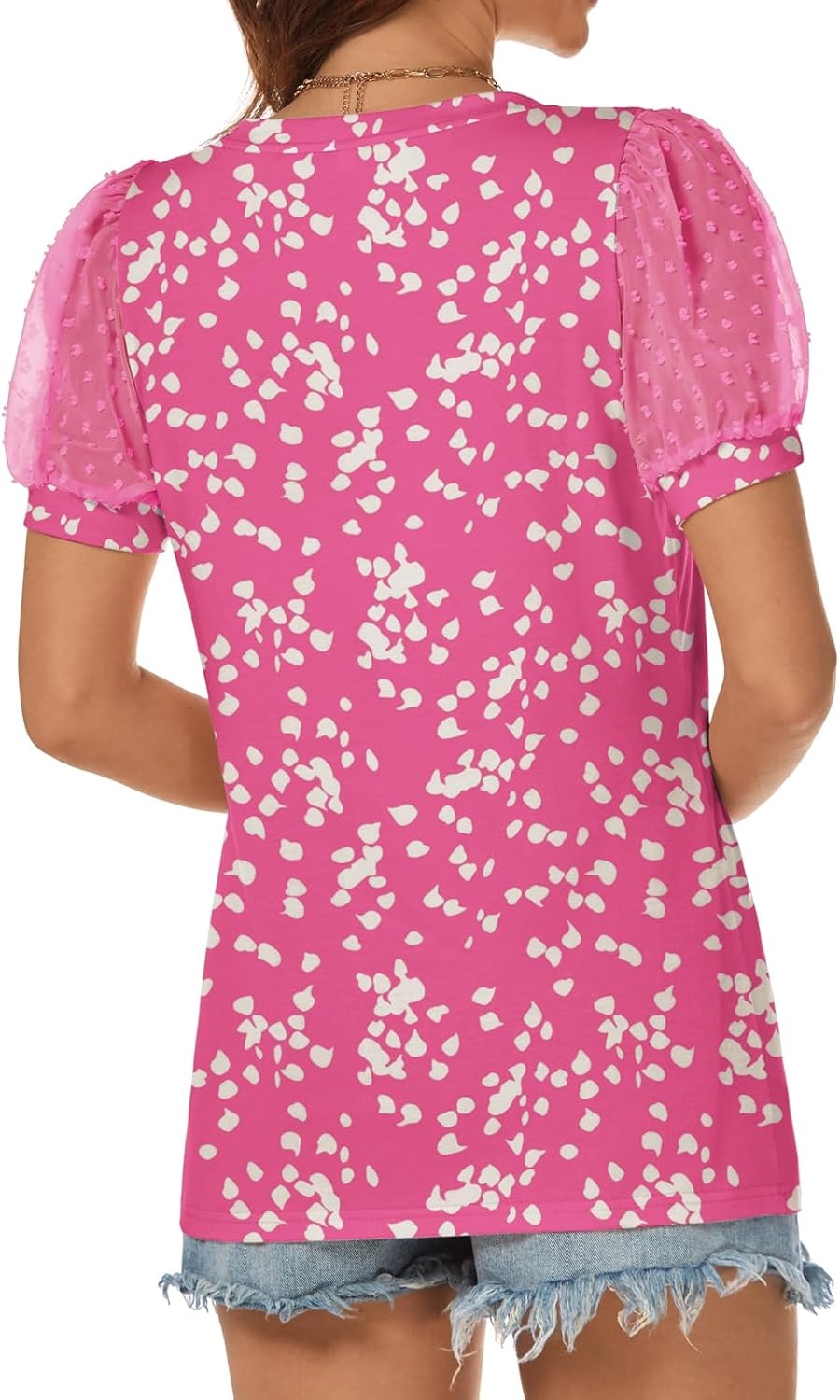 image:imageATHMILE Womens Summer Tops V Neck T Shirts Swiss Dot Puff Sleeve Tops Loose Casual TshirtsThe Pink Dots