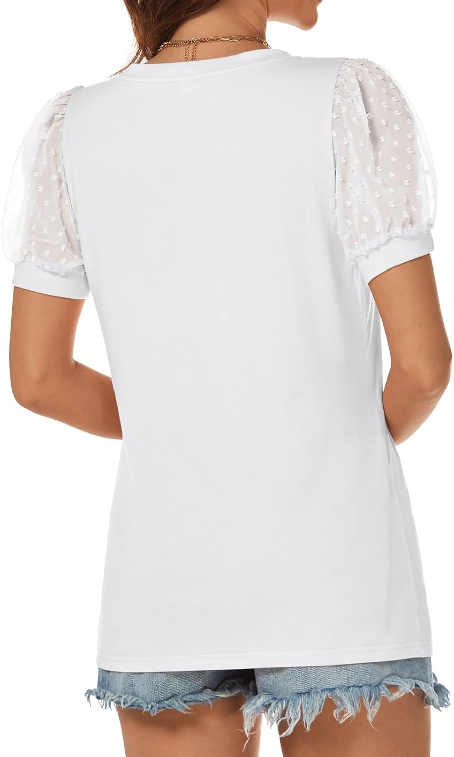image:imageATHMILE Womens Summer Tops V Neck T Shirts Swiss Dot Puff Sleeve Tops Loose Casual TshirtsWhite