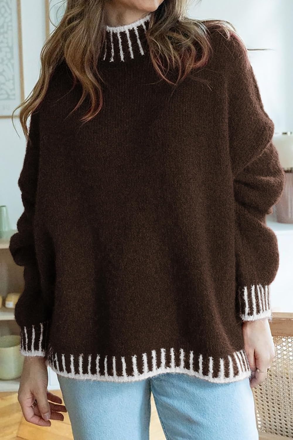 image:imageATHMILE Womens Sweaters Fall Oversized Pullover Long Sleeve Mock Neck Chunky Knit Jumper Tops Winter Fashion Clothing 2025Brown