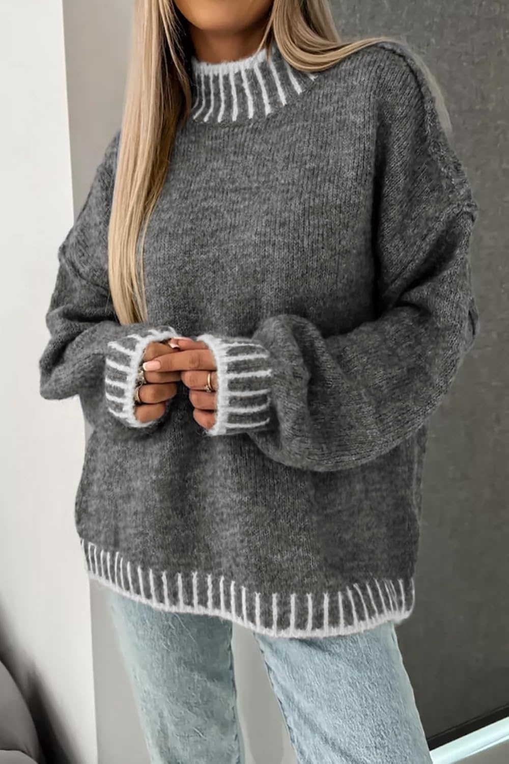 image:imageATHMILE Womens Sweaters Fall Oversized Pullover Long Sleeve Mock Neck Chunky Knit Jumper Tops Winter Fashion Clothing 2025Grey