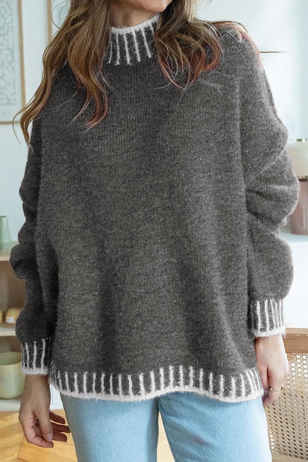 image:imageATHMILE Womens Sweaters Fall Oversized Pullover Long Sleeve Mock Neck Chunky Knit Jumper Tops Winter Fashion Clothing 2025Grey