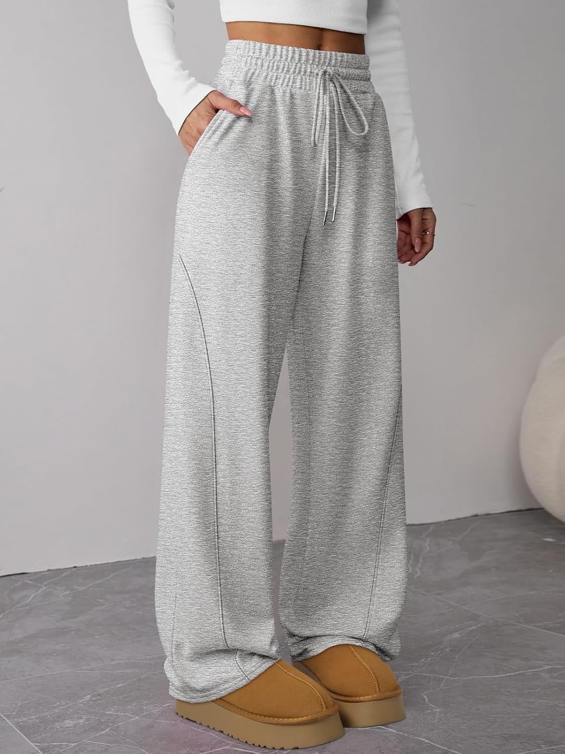 image:imageATHMILE Womens Sweatpants Wide Leg Baggy High Waist Y2K Pants Fall Winter Spring Joggers Clothes with PocketsGrey