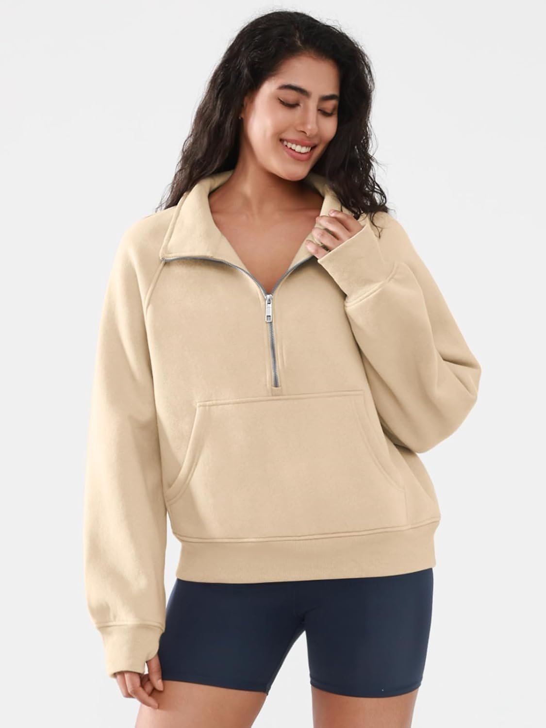 image:imageATHMILE Womens Sweatshirts Half Zip Cropped Pullover Fleece Quarter Zipper Hoodies 2026 Fall Fashion Outfits ClothesApricot