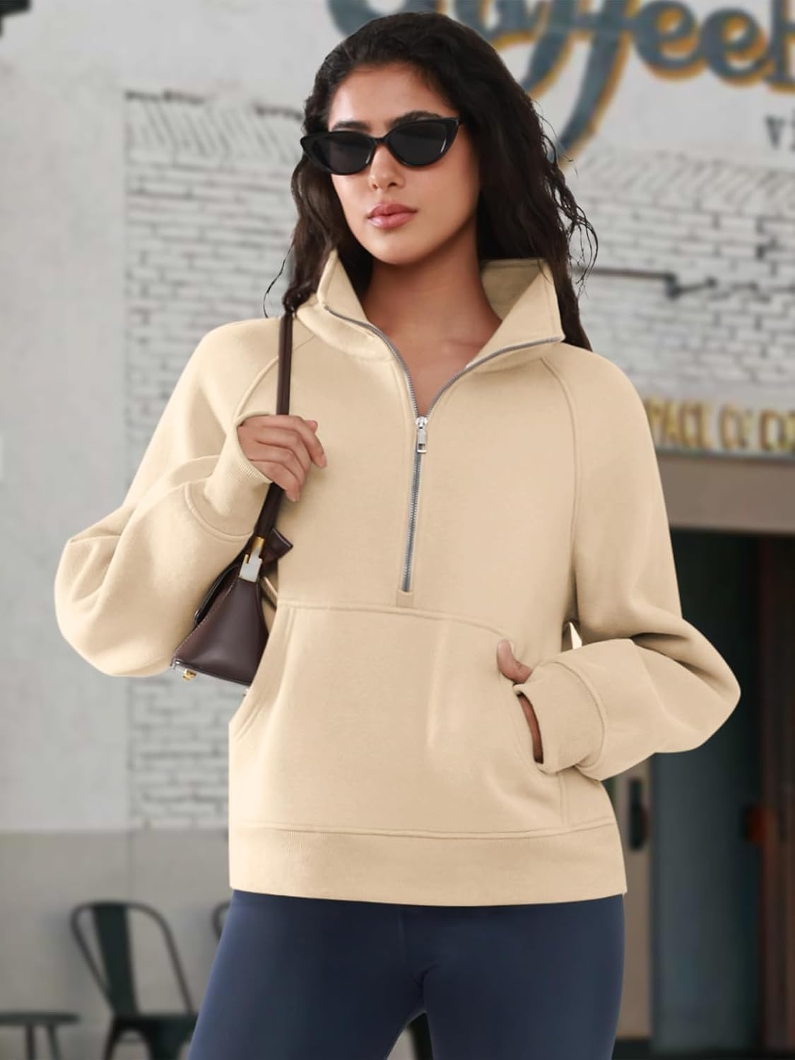 image:imageATHMILE Womens Sweatshirts Half Zip Cropped Pullover Fleece Quarter Zipper Hoodies 2026 Fall Fashion Outfits ClothesApricot