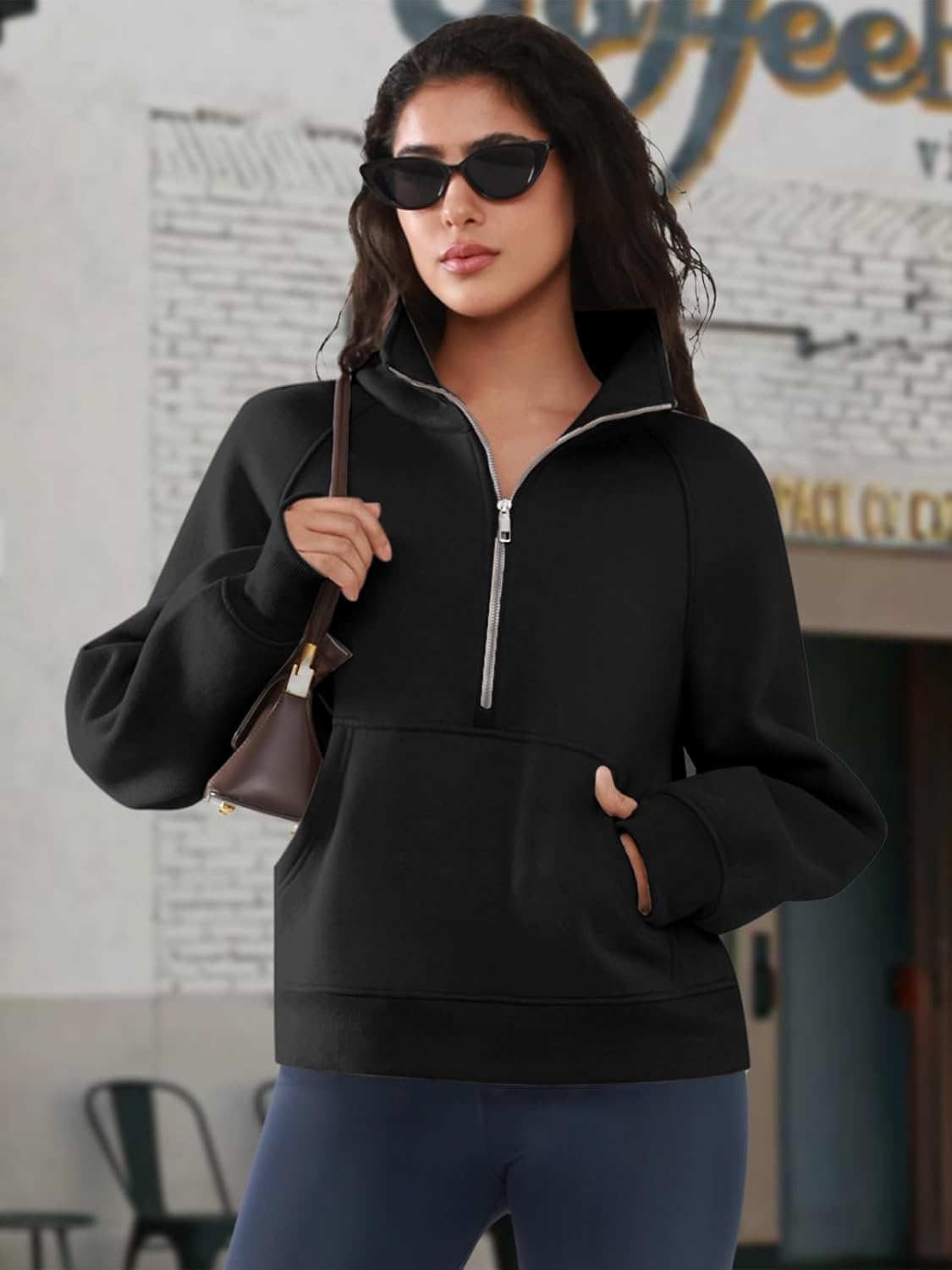 image:imageATHMILE Womens Sweatshirts Half Zip Cropped Pullover Fleece Quarter Zipper Hoodies 2026 Fall Fashion Outfits ClothesBlack