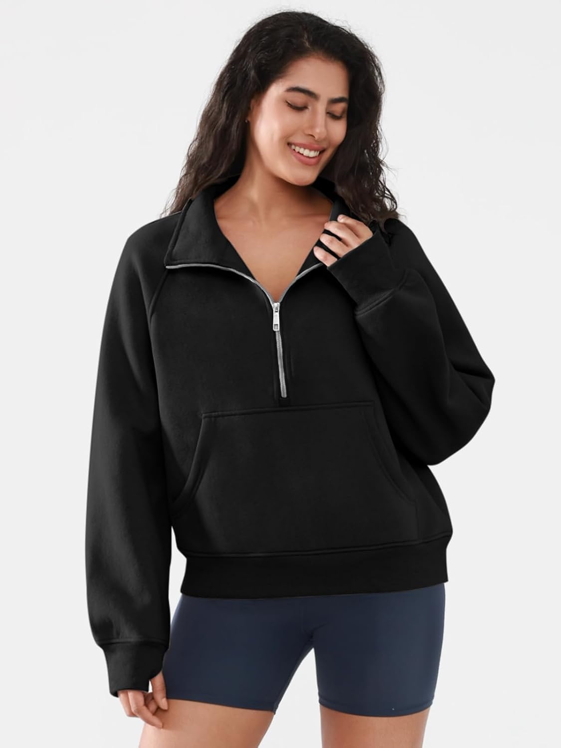 image:imageATHMILE Womens Sweatshirts Half Zip Cropped Pullover Fleece Quarter Zipper Hoodies 2026 Fall Fashion Outfits ClothesBlack