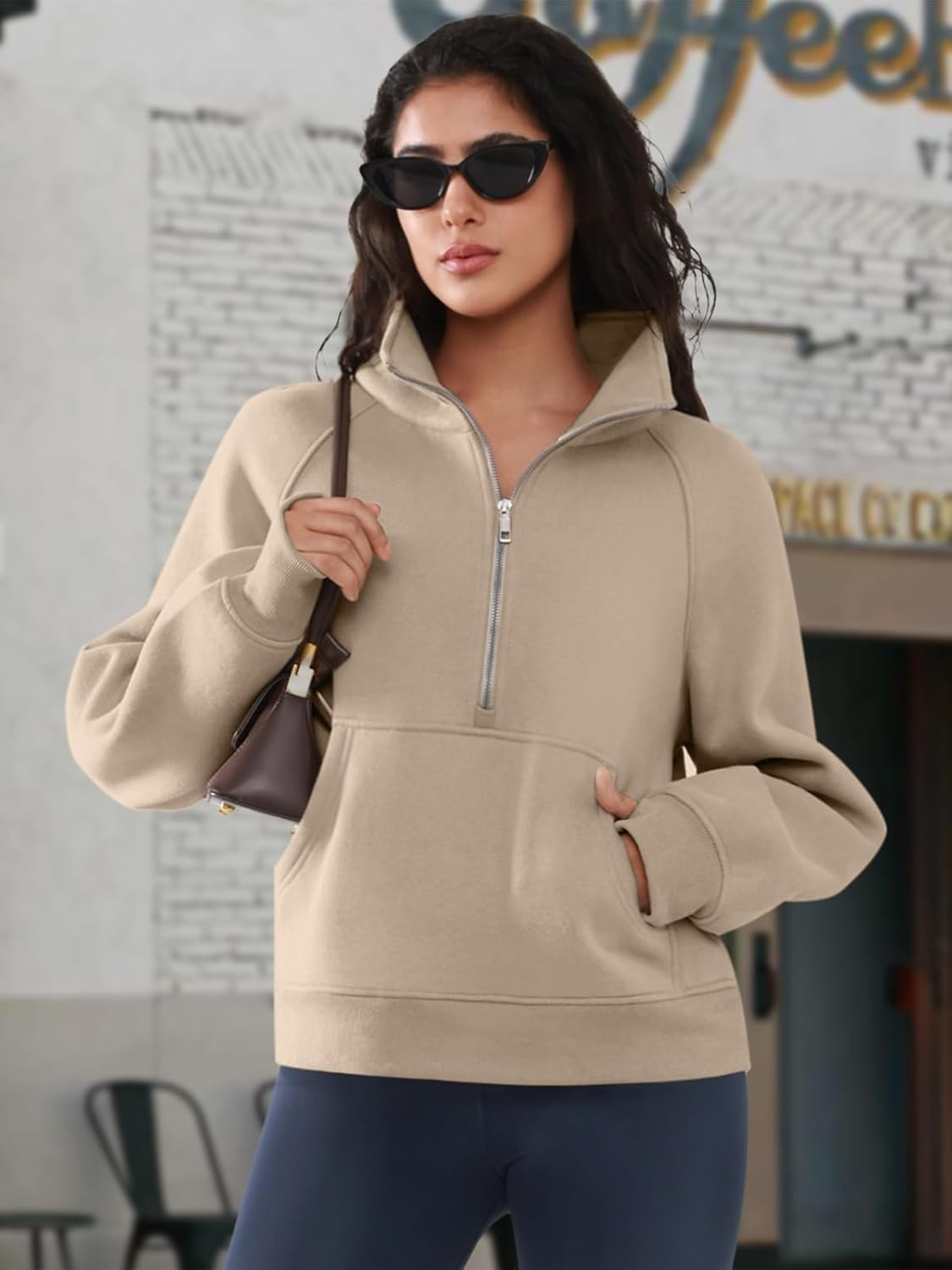 image:imageATHMILE Womens Sweatshirts Half Zip Cropped Pullover Fleece Quarter Zipper Hoodies 2026 Fall Fashion Outfits ClothesCoffeegrey
