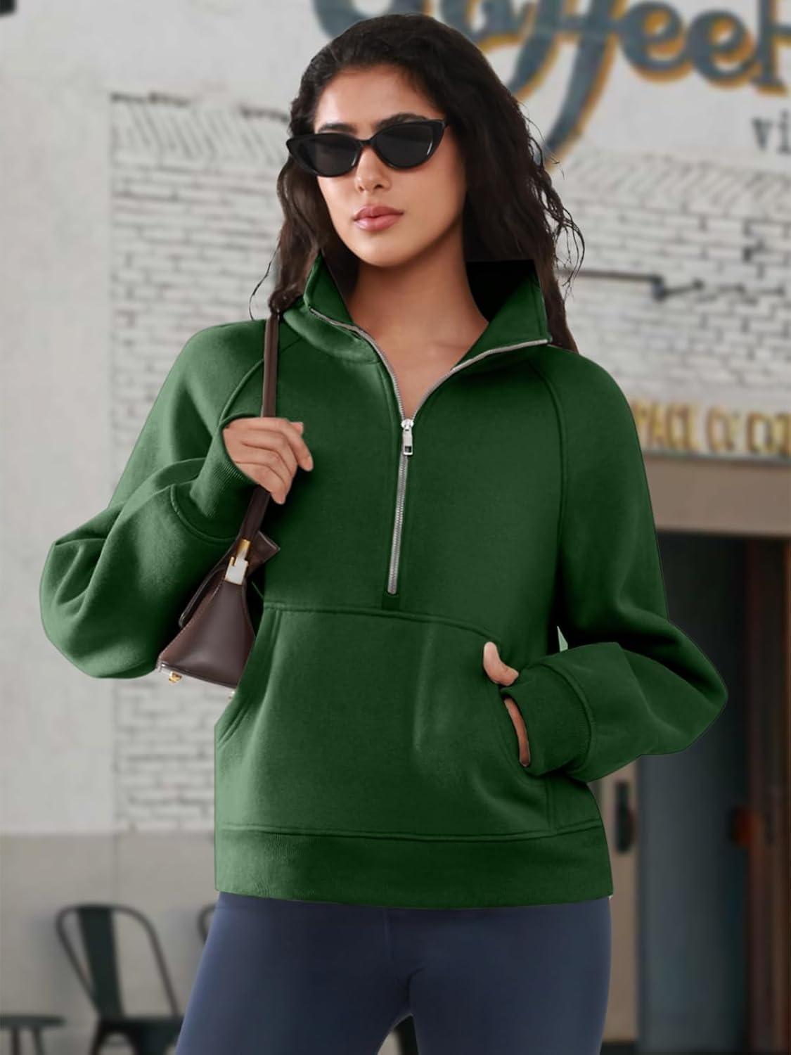 image:imageATHMILE Womens Sweatshirts Half Zip Cropped Pullover Fleece Quarter Zipper Hoodies 2026 Fall Fashion Outfits ClothesDarkgreen