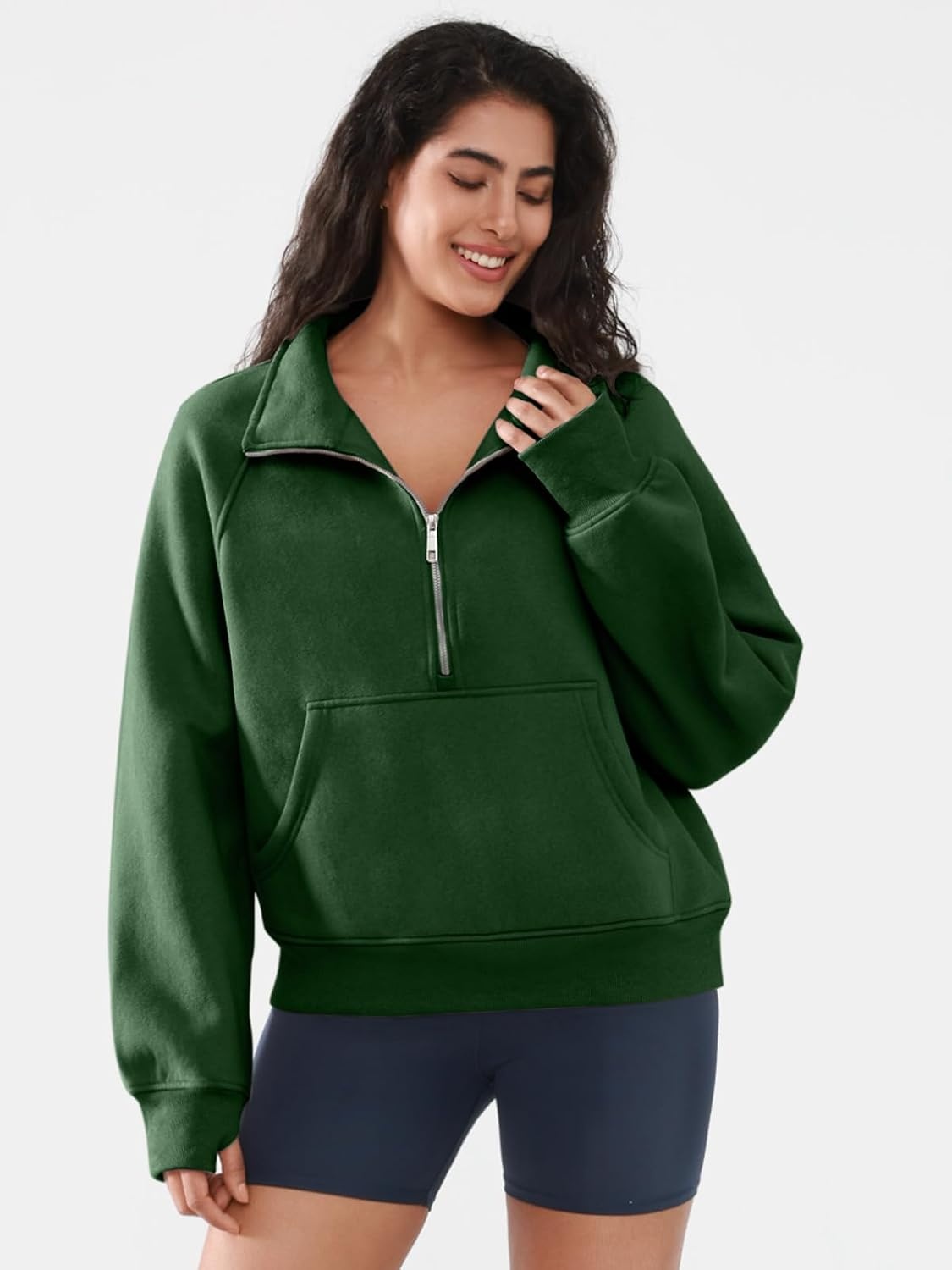 image:imageATHMILE Womens Sweatshirts Half Zip Cropped Pullover Fleece Quarter Zipper Hoodies 2026 Fall Fashion Outfits ClothesDarkgreen