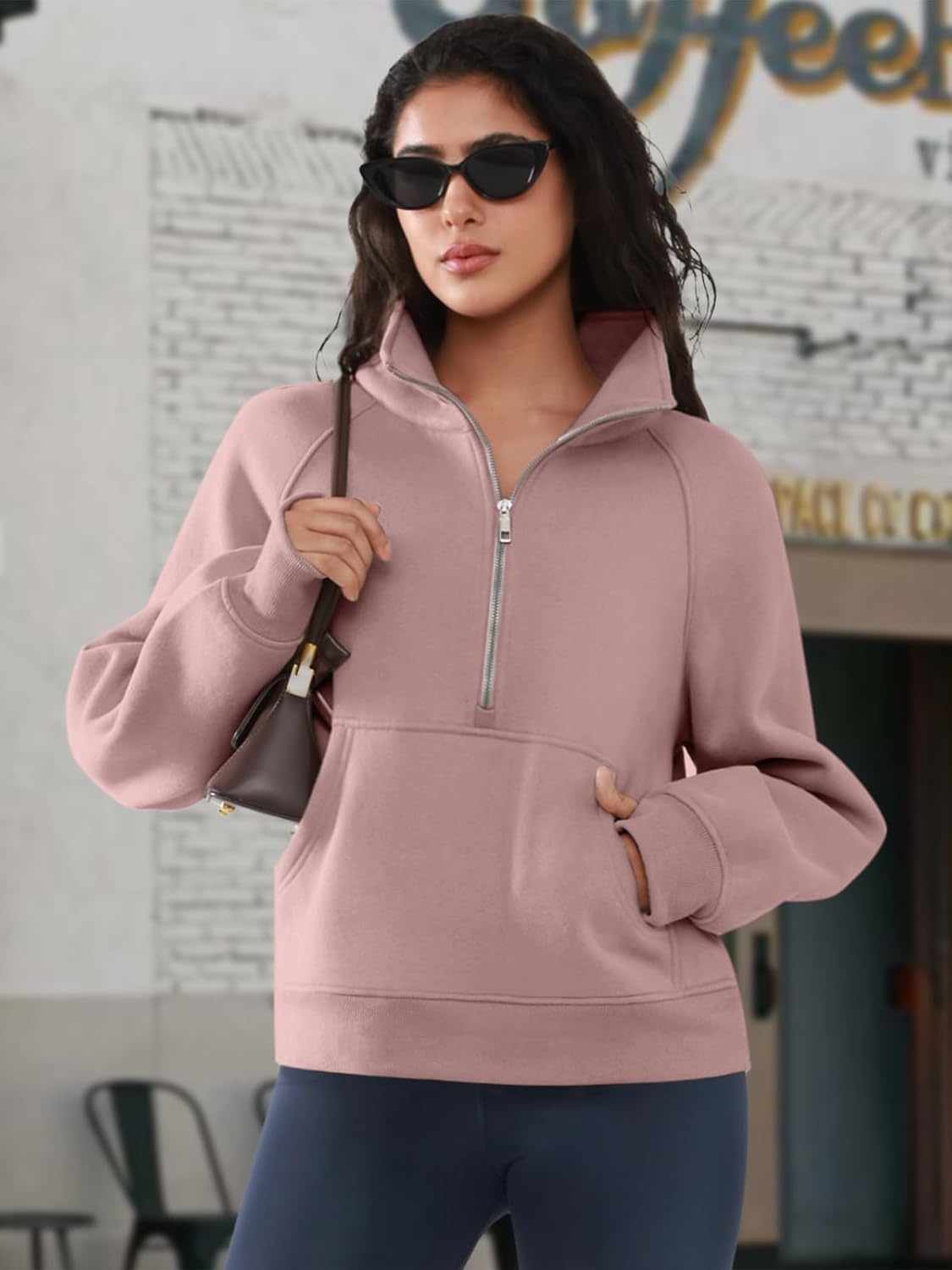 image:imageATHMILE Womens Sweatshirts Half Zip Cropped Pullover Fleece Quarter Zipper Hoodies 2026 Fall Fashion Outfits ClothesDarkpink