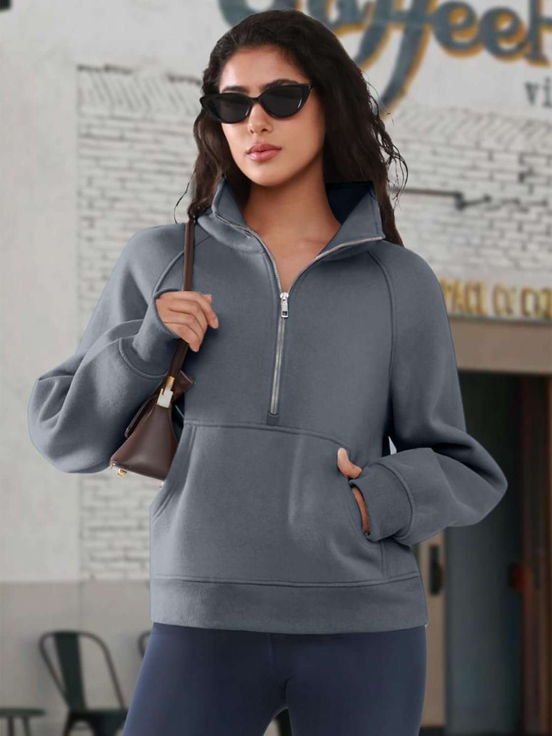 image:imageATHMILE Womens Sweatshirts Half Zip Cropped Pullover Fleece Quarter Zipper Hoodies 2026 Fall Fashion Outfits ClothesGreyblue