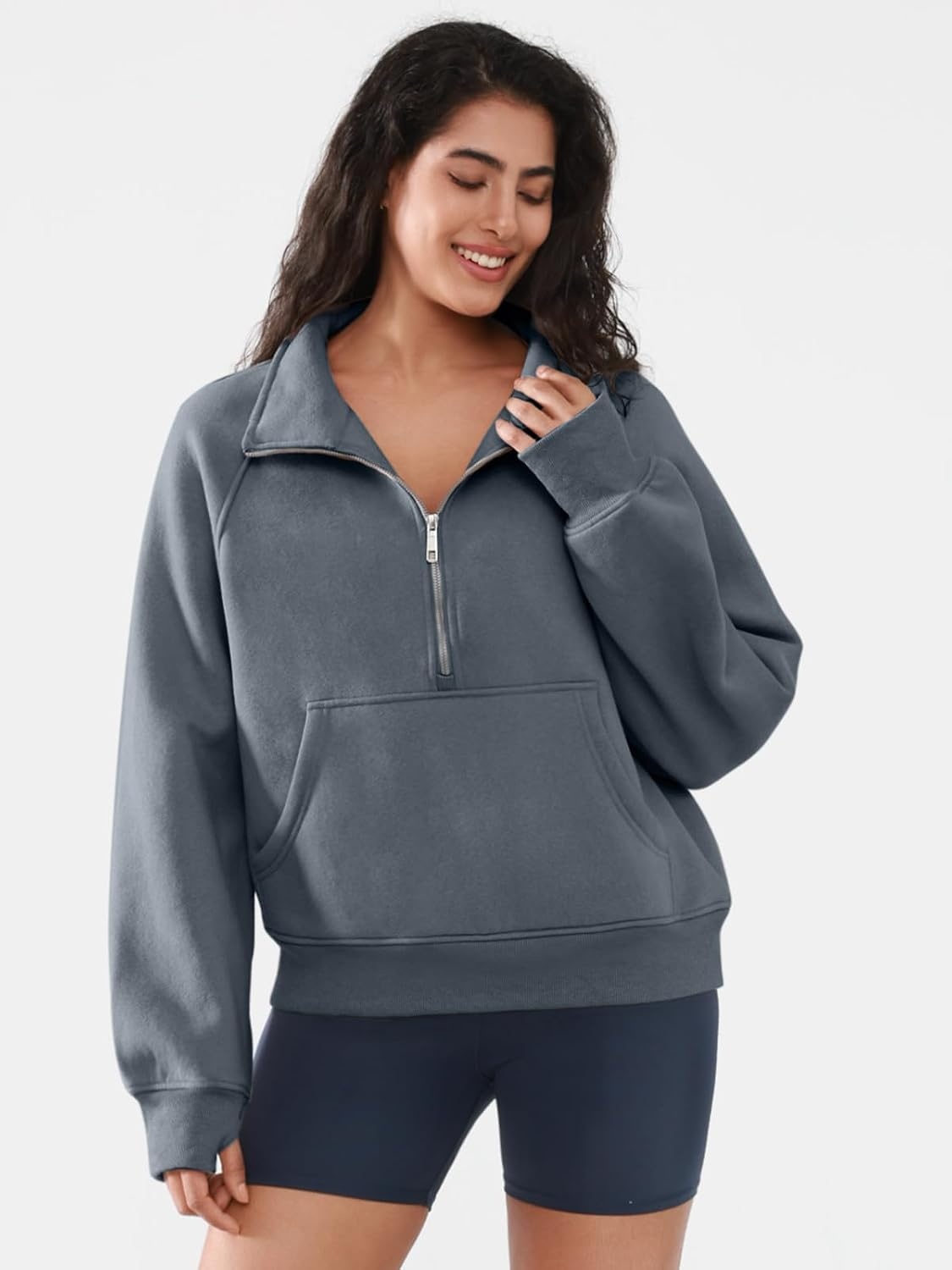 image:imageATHMILE Womens Sweatshirts Half Zip Cropped Pullover Fleece Quarter Zipper Hoodies 2026 Fall Fashion Outfits ClothesGreyblue