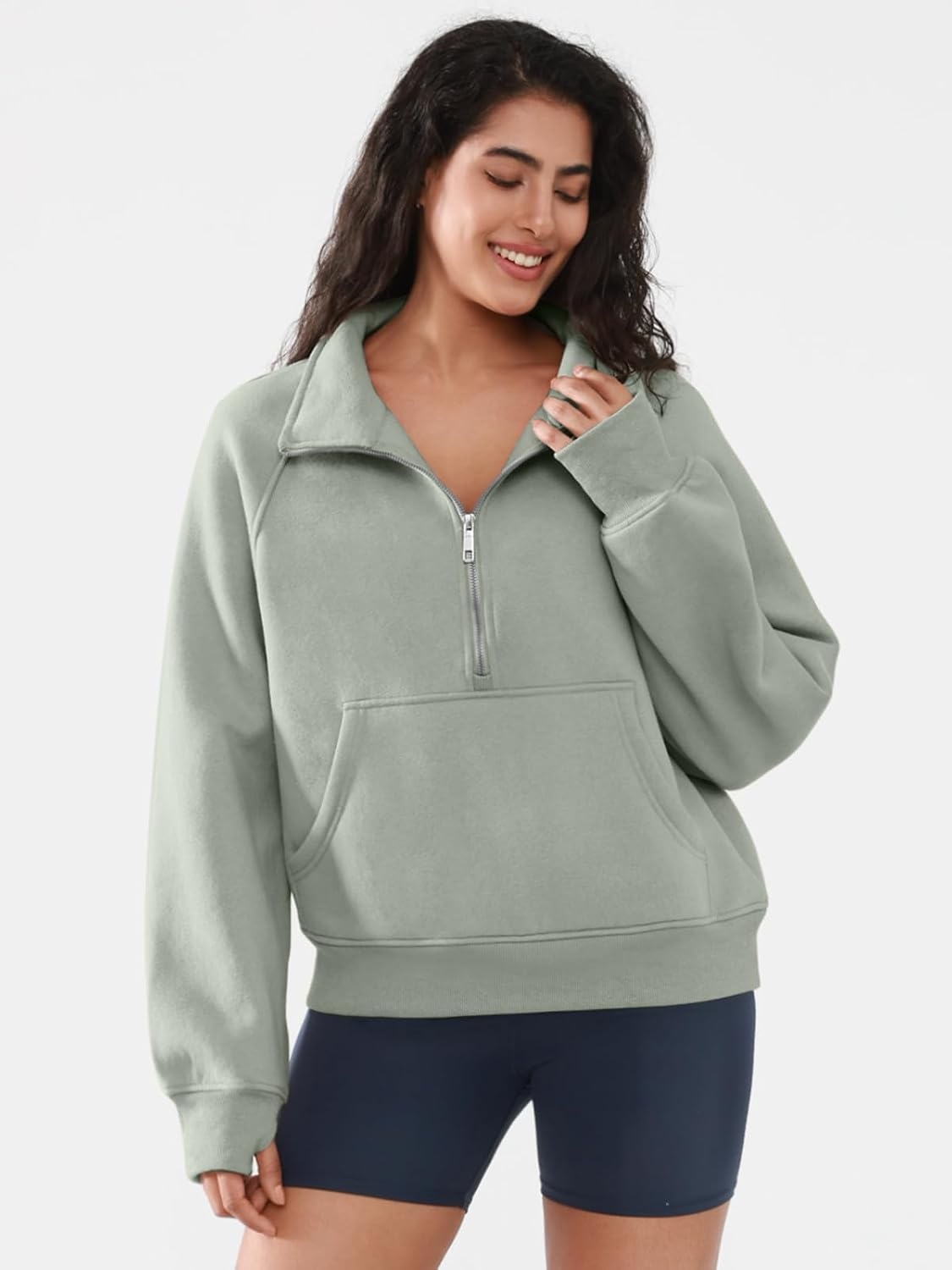 image:imageATHMILE Womens Sweatshirts Half Zip Cropped Pullover Fleece Quarter Zipper Hoodies 2026 Fall Fashion Outfits ClothesGreygreen