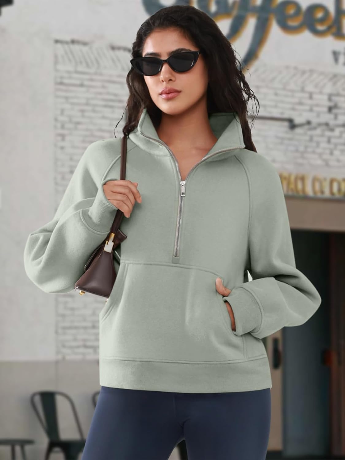 image:imageATHMILE Womens Sweatshirts Half Zip Cropped Pullover Fleece Quarter Zipper Hoodies 2026 Fall Fashion Outfits ClothesGreygreen