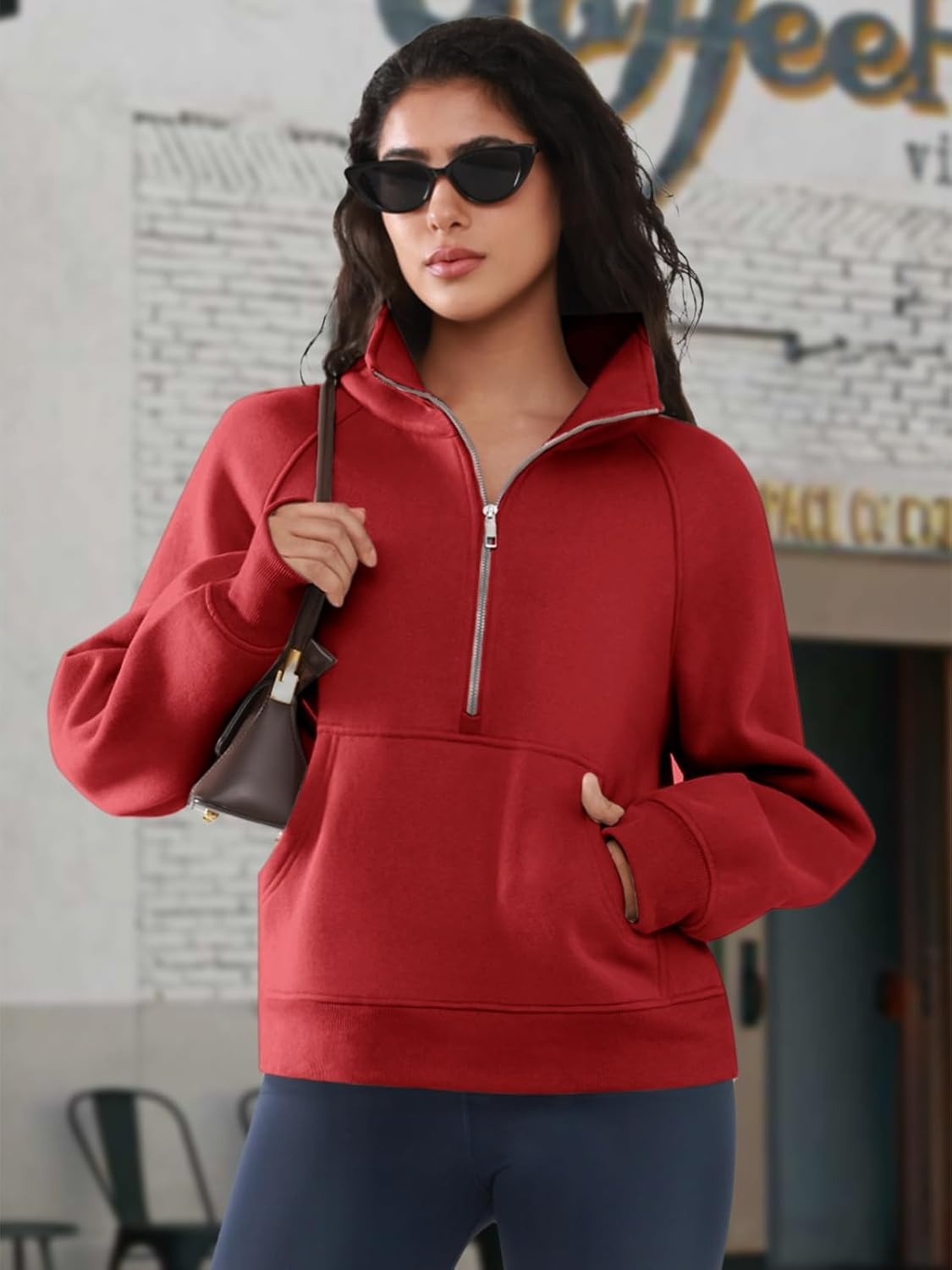 image:imageATHMILE Womens Sweatshirts Half Zip Cropped Pullover Fleece Quarter Zipper Hoodies 2026 Fall Fashion Outfits ClothesRed