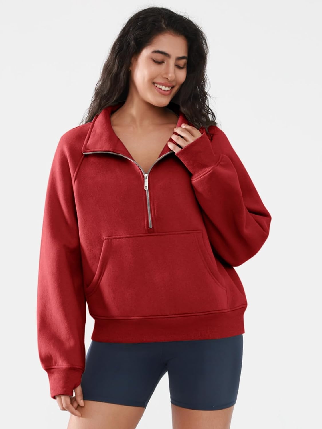 image:imageATHMILE Womens Sweatshirts Half Zip Cropped Pullover Fleece Quarter Zipper Hoodies 2026 Fall Fashion Outfits ClothesRed