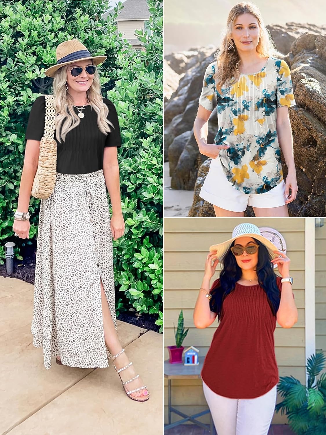 image:imageATHMILE Womens T Shirts Short Sleeve Summer Tops Pleated Dressy Casual Blouses Spring Clothes Beach Vacation 2026Multileaf