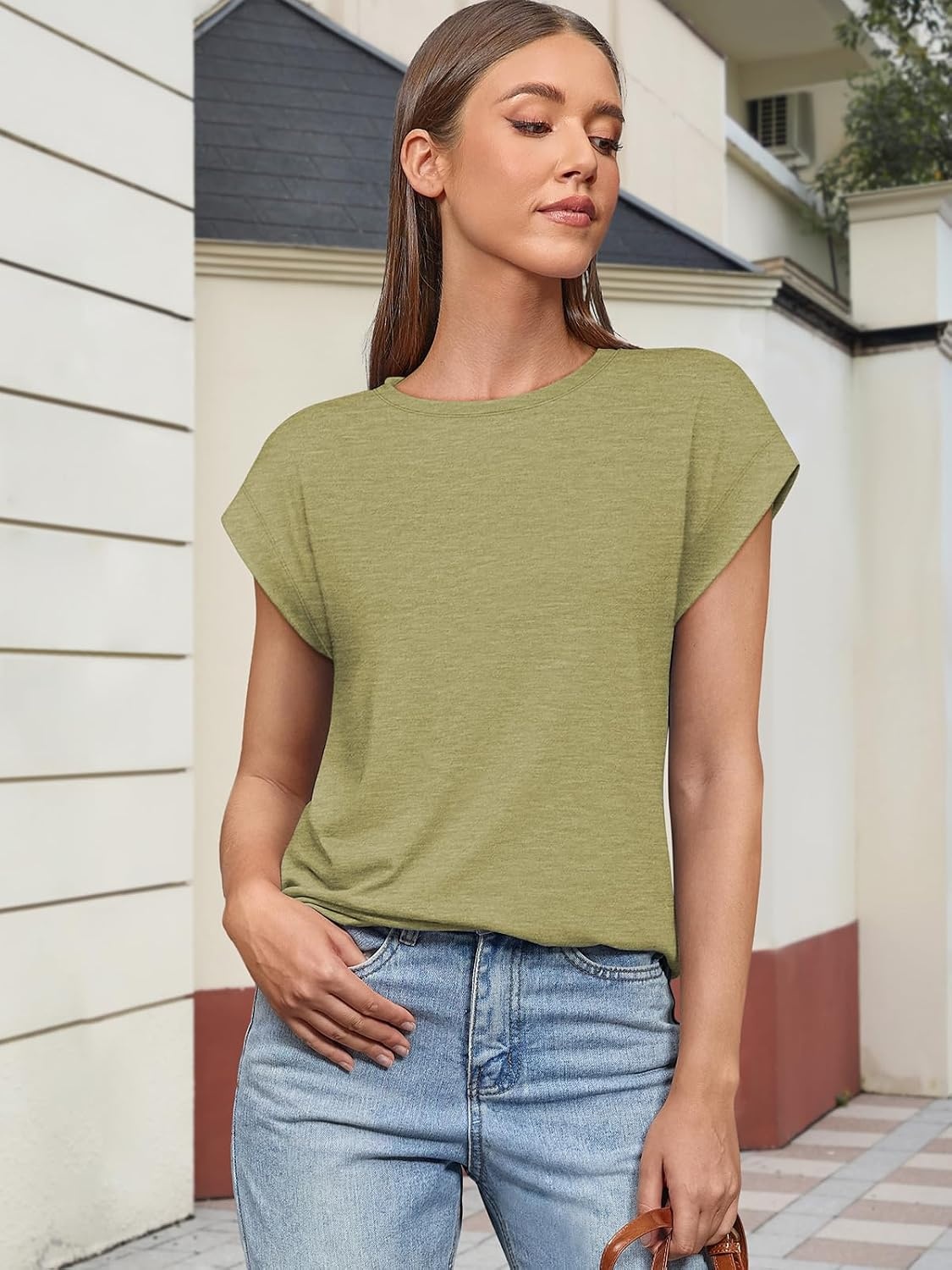 image:imageATHMILE Womens Tops Summer Basic T Shirts Business Casual Loose Fit Cap Sleeve Tee Cute Clothes Trendy Fashion Outfits Light Green