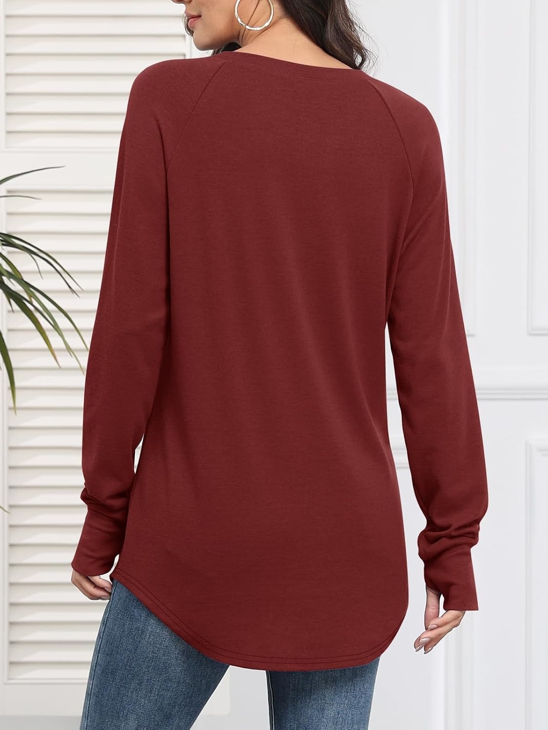 image:imageATHMILE Womens Tunic Tops Long Sleeve Thumb Hole Shirts Fall Sweater Crew Neck Winter Fashion Clothes 2025Wine Red
