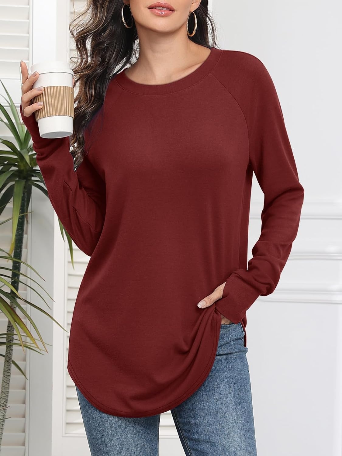 image:imageATHMILE Womens Tunic Tops Long Sleeve Thumb Hole Shirts Fall Sweater Crew Neck Winter Fashion Clothes 2025Wine Red
