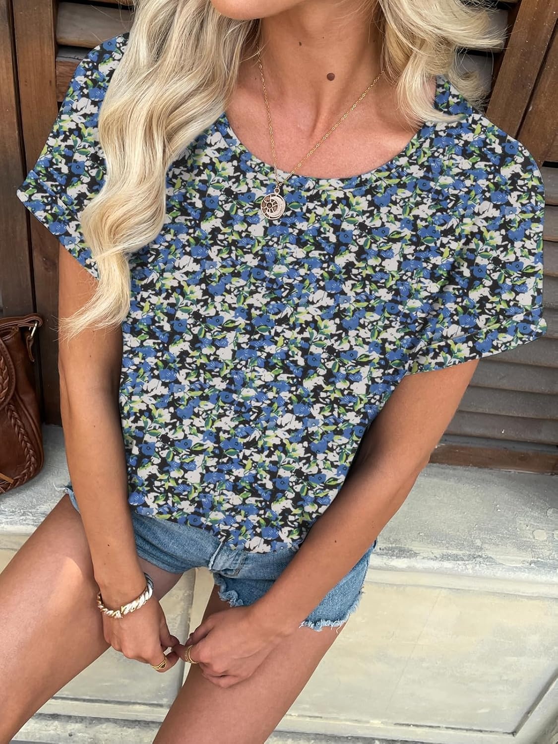 image:imageATHMILE Womens Tunics Loose Fit Dressy Blouses Summer Short Sleeve Tops with Curved Hem Beach Vacation Clothes for WomenBlue Floral