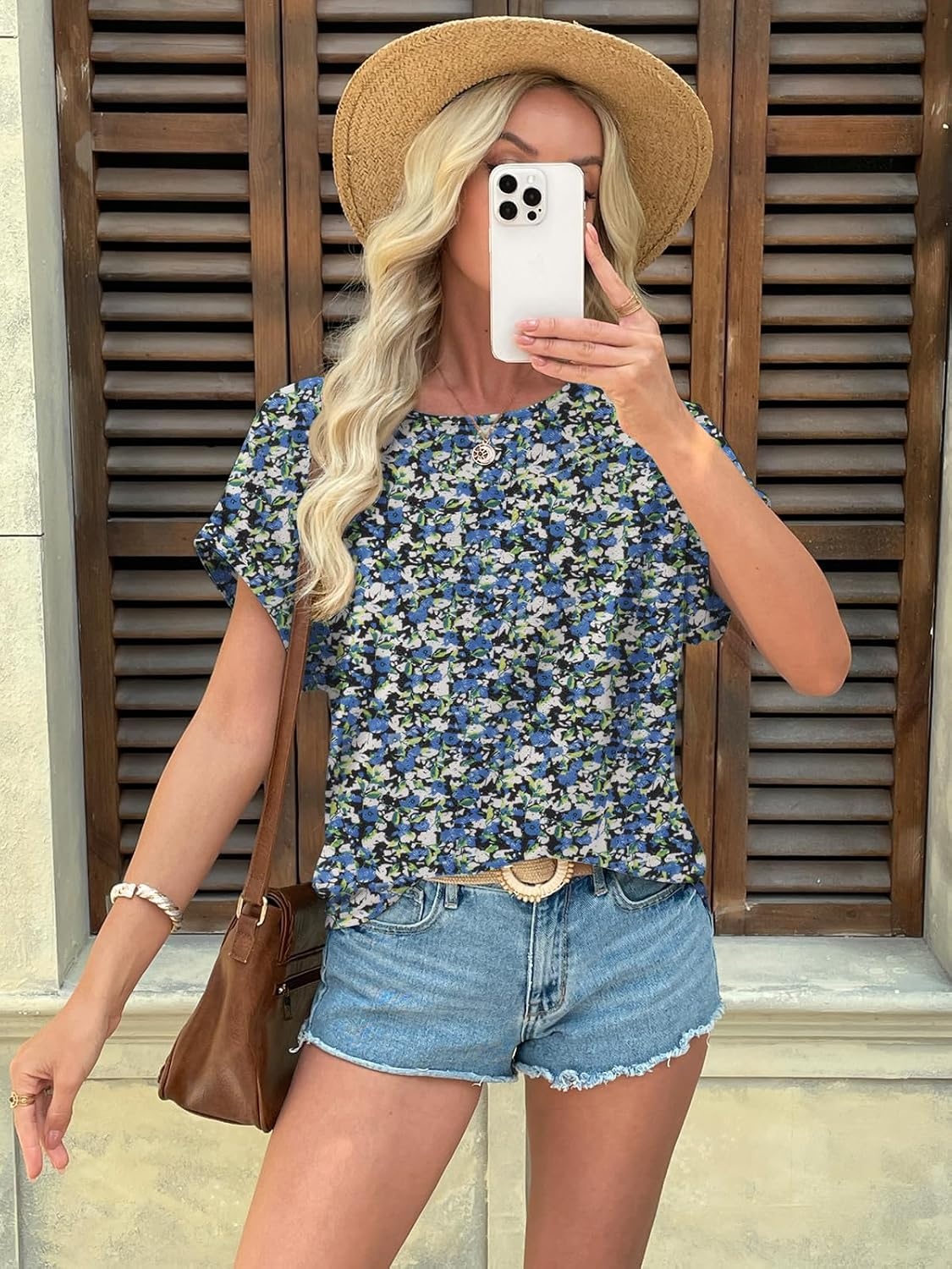 image:imageATHMILE Womens Tunics Loose Fit Dressy Blouses Summer Short Sleeve Tops with Curved Hem Beach Vacation Clothes for WomenBlue Floral