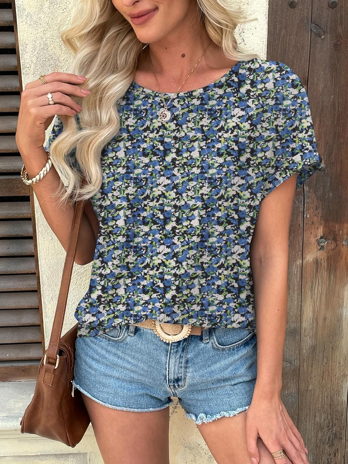 image:imageATHMILE Womens Tunics Loose Fit Dressy Blouses Summer Short Sleeve Tops with Curved Hem Beach Vacation Clothes for WomenBlue Floral