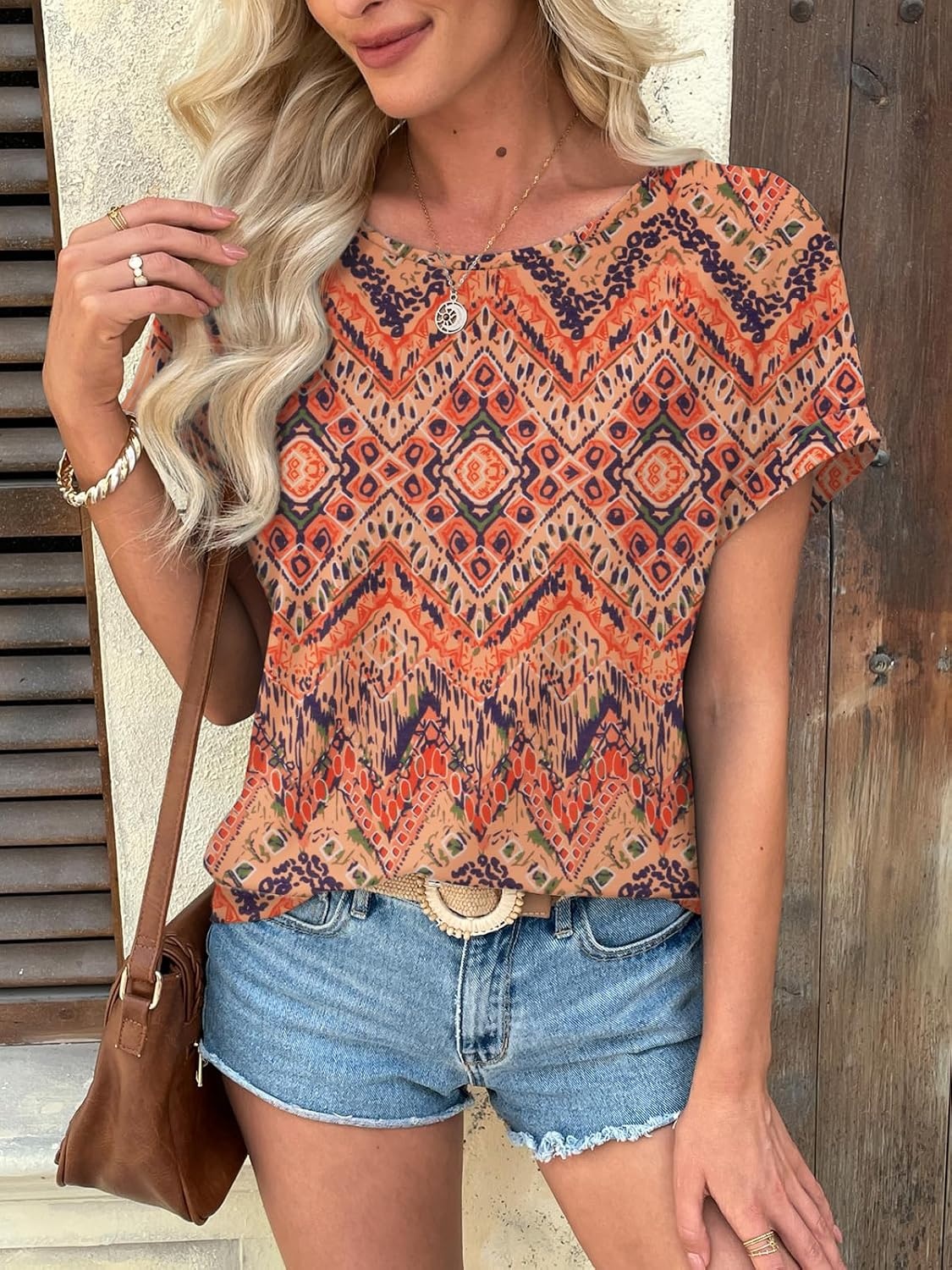 image:imageATHMILE Womens Tunics Loose Fit Dressy Blouses Summer Short Sleeve Tops with Curved Hem Beach Vacation Clothes for WomenBoho