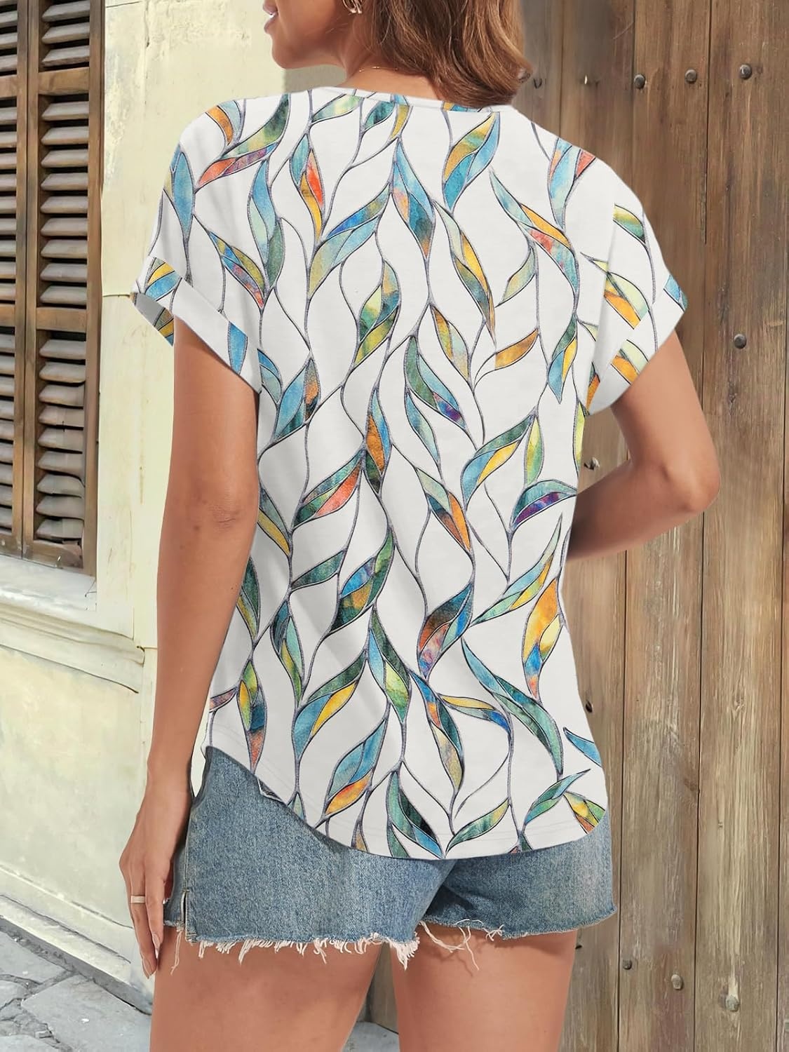 image:imageATHMILE Womens Tunics Loose Fit Dressy Blouses Summer Short Sleeve Tops with Curved Hem Beach Vacation Clothes for WomenColorful Leaf