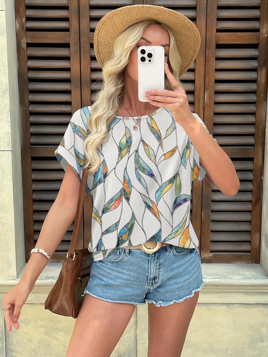 image:imageATHMILE Womens Tunics Loose Fit Dressy Blouses Summer Short Sleeve Tops with Curved Hem Beach Vacation Clothes for WomenColorful Leaf