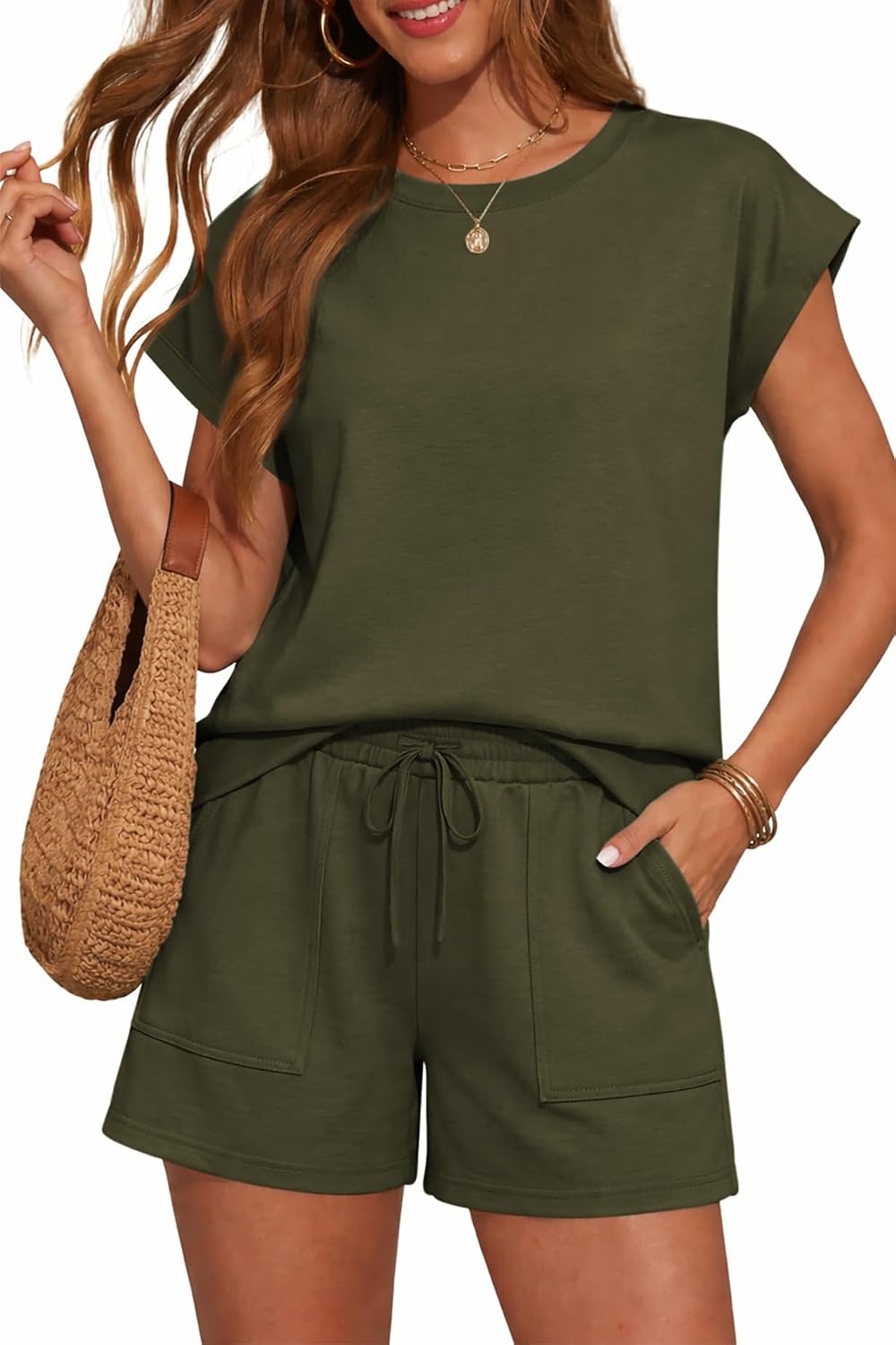 image:imageATHMILE Womens Two Piece Crew Neck Short Sets Cap Sleeve Drawstring Spring Summer Sweatsuit with Pocket Beach VacationArmy Green