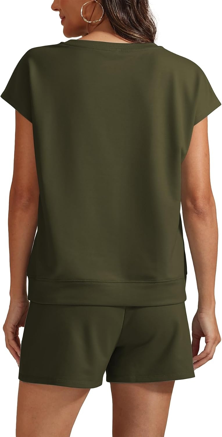 image:imageATHMILE Womens Two Piece Crew Neck Short Sets Cap Sleeve Drawstring Spring Summer Sweatsuit with Pocket Beach VacationArmy Green