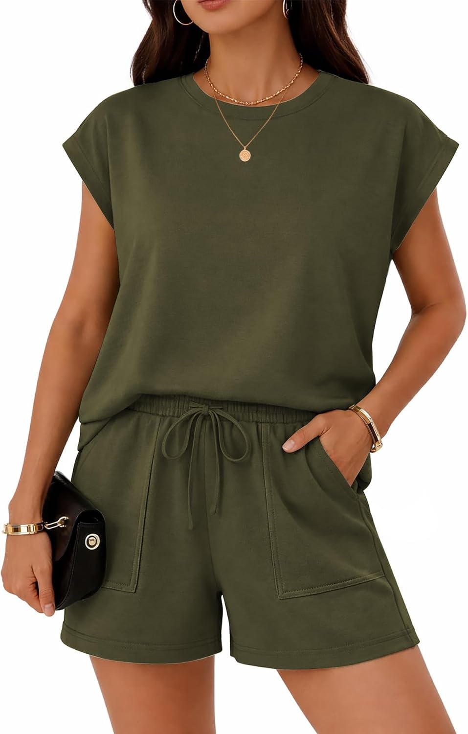 image:imageATHMILE Womens Two Piece Crew Neck Short Sets Cap Sleeve Drawstring Spring Summer Sweatsuit with Pocket Beach VacationArmy Green