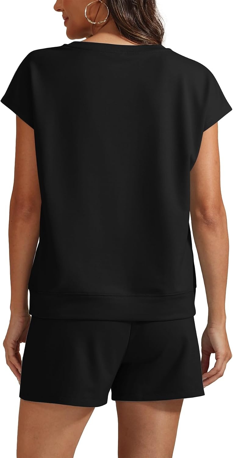 image:imageATHMILE Womens Two Piece Crew Neck Short Sets Cap Sleeve Drawstring Spring Summer Sweatsuit with Pocket Beach VacationBlack