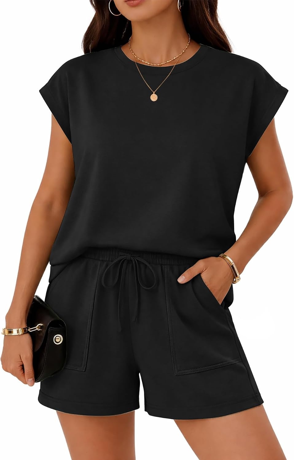 image:imageATHMILE Womens Two Piece Crew Neck Short Sets Cap Sleeve Drawstring Spring Summer Sweatsuit with Pocket Beach VacationBlack