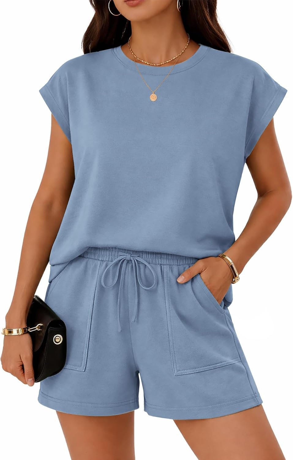 image:imageATHMILE Womens Two Piece Crew Neck Short Sets Cap Sleeve Drawstring Spring Summer Sweatsuit with Pocket Beach VacationBlue