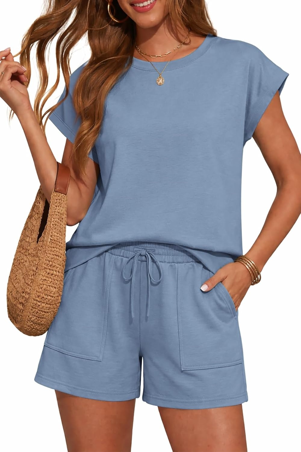 image:imageATHMILE Womens Two Piece Crew Neck Short Sets Cap Sleeve Drawstring Spring Summer Sweatsuit with Pocket Beach VacationBlue