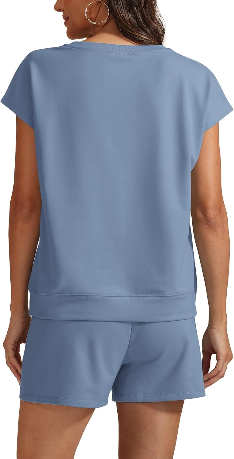 image:imageATHMILE Womens Two Piece Crew Neck Short Sets Cap Sleeve Drawstring Spring Summer Sweatsuit with Pocket Beach VacationBlue