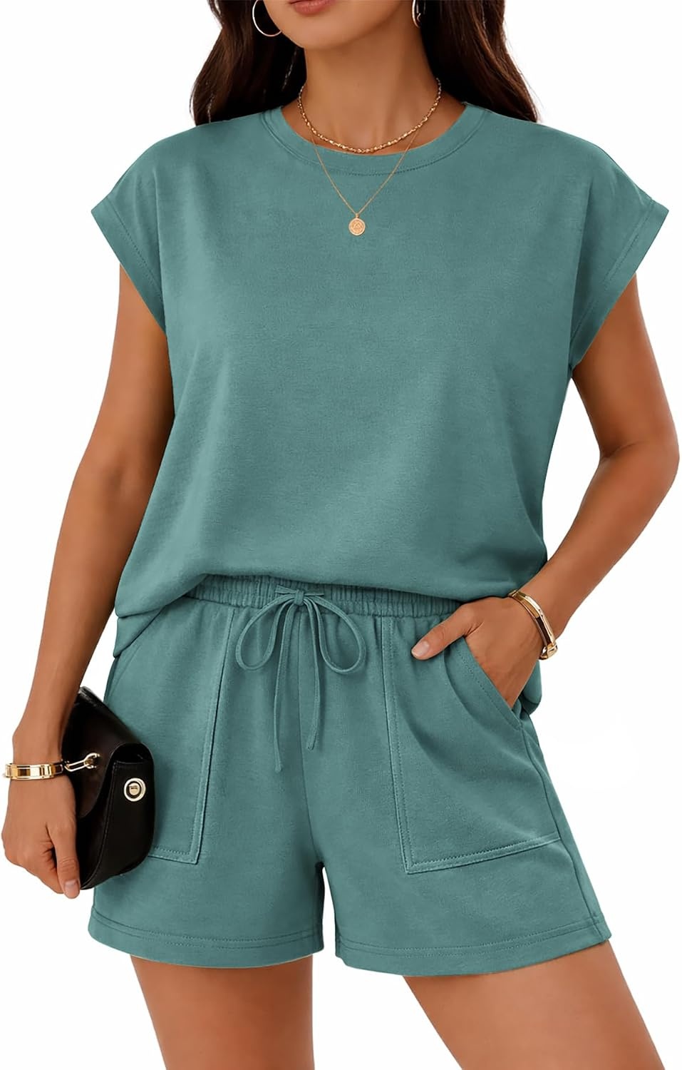 image:imageATHMILE Womens Two Piece Crew Neck Short Sets Cap Sleeve Drawstring Spring Summer Sweatsuit with Pocket Beach VacationBlue Green