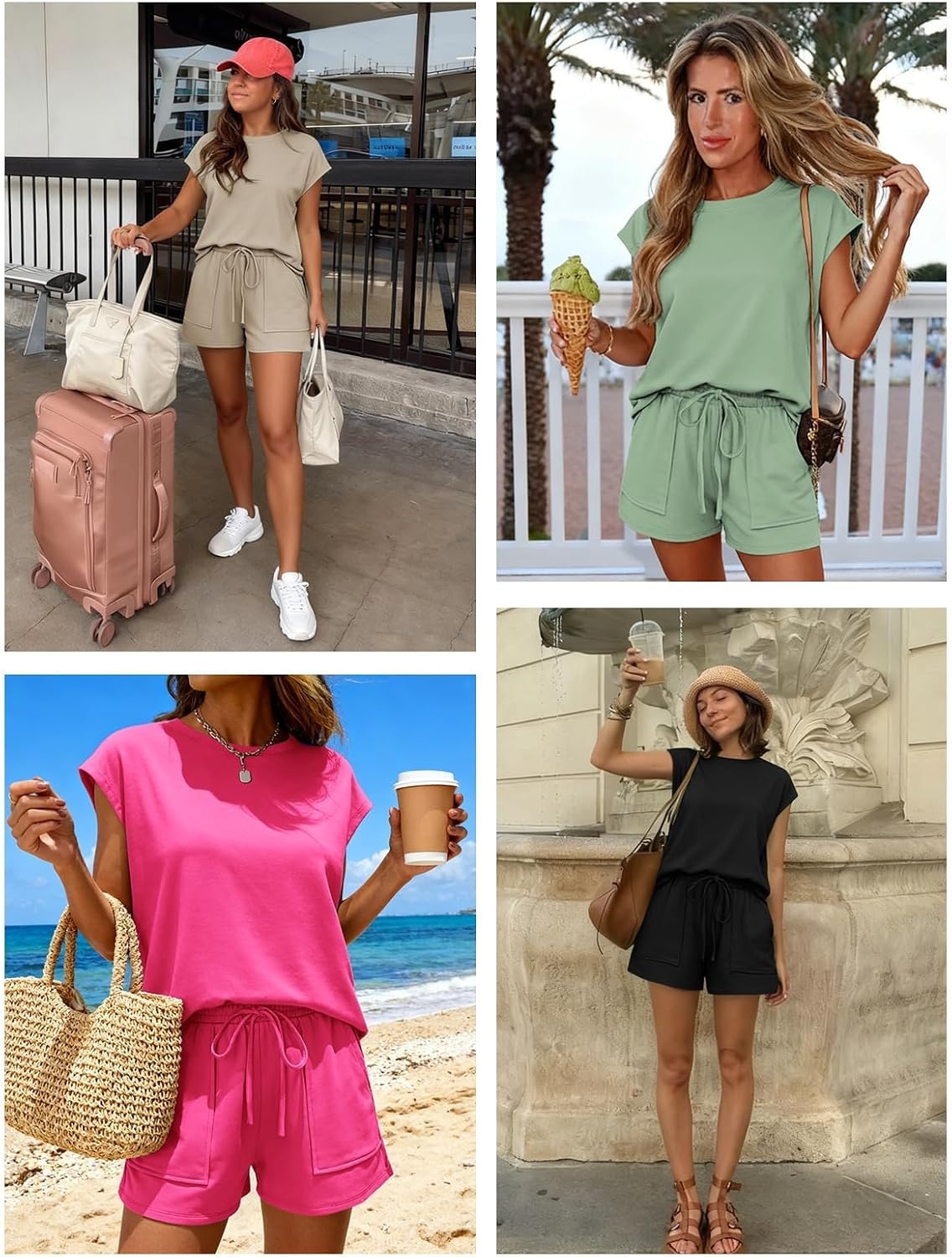 image:imageATHMILE Womens Two Piece Crew Neck Short Sets Cap Sleeve Drawstring Spring Summer Sweatsuit with Pocket Beach VacationBlue Green