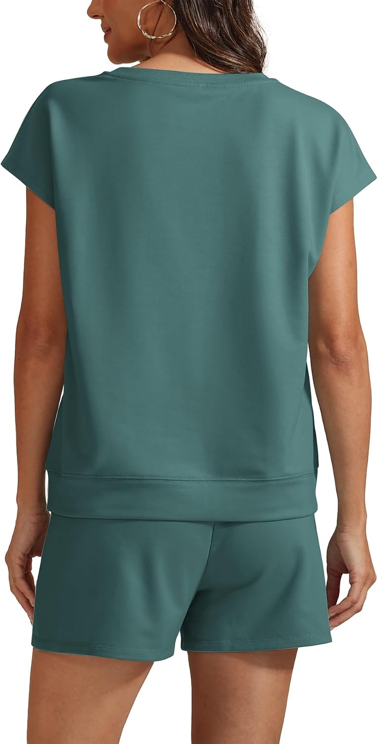 image:imageATHMILE Womens Two Piece Crew Neck Short Sets Cap Sleeve Drawstring Spring Summer Sweatsuit with Pocket Beach VacationBlue Green