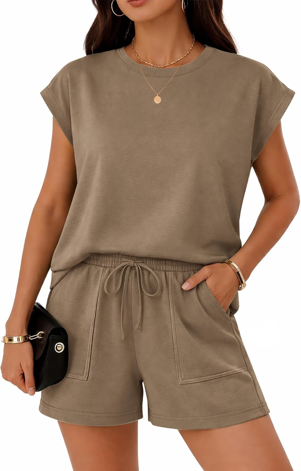 image:imageATHMILE Womens Two Piece Crew Neck Short Sets Cap Sleeve Drawstring Spring Summer Sweatsuit with Pocket Beach VacationCoffee Gray