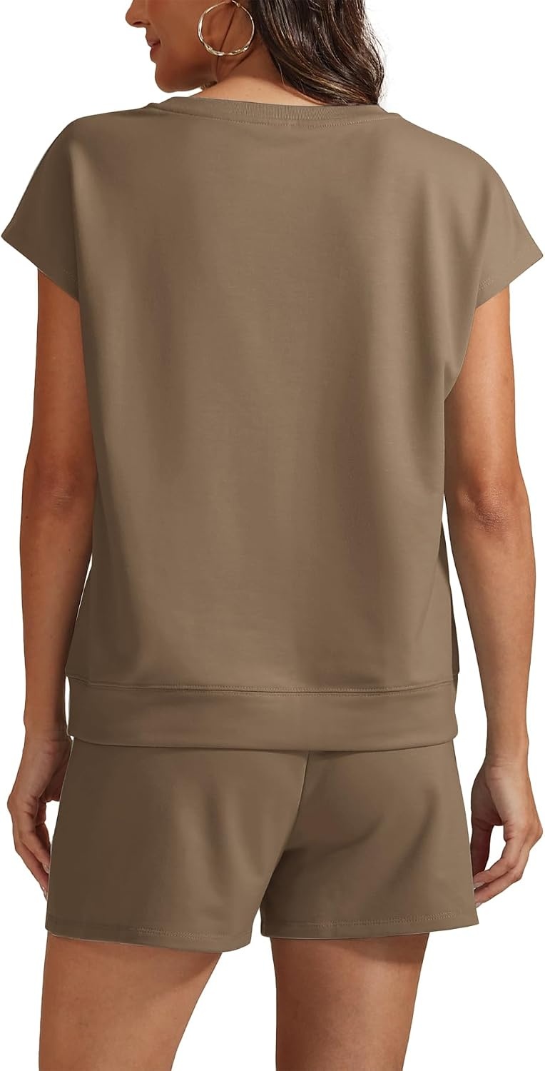 image:imageATHMILE Womens Two Piece Crew Neck Short Sets Cap Sleeve Drawstring Spring Summer Sweatsuit with Pocket Beach VacationCoffee Gray