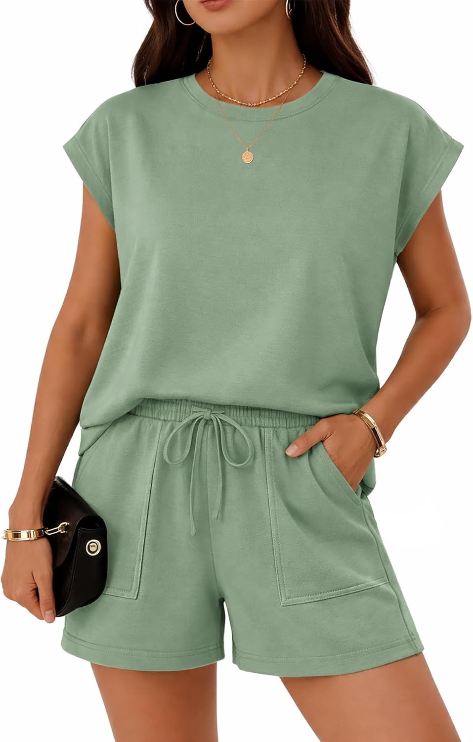 image:imageATHMILE Womens Two Piece Crew Neck Short Sets Cap Sleeve Drawstring Spring Summer Sweatsuit with Pocket Beach VacationGray Green