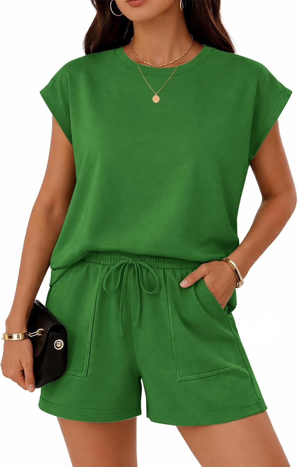 image:imageATHMILE Womens Two Piece Crew Neck Short Sets Cap Sleeve Drawstring Spring Summer Sweatsuit with Pocket Beach VacationGreen