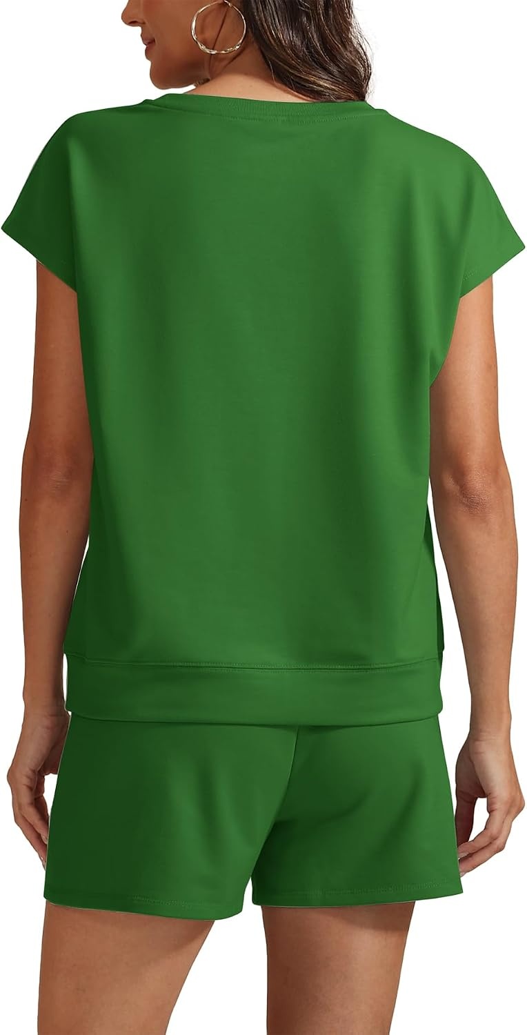 image:imageATHMILE Womens Two Piece Crew Neck Short Sets Cap Sleeve Drawstring Spring Summer Sweatsuit with Pocket Beach VacationGreen