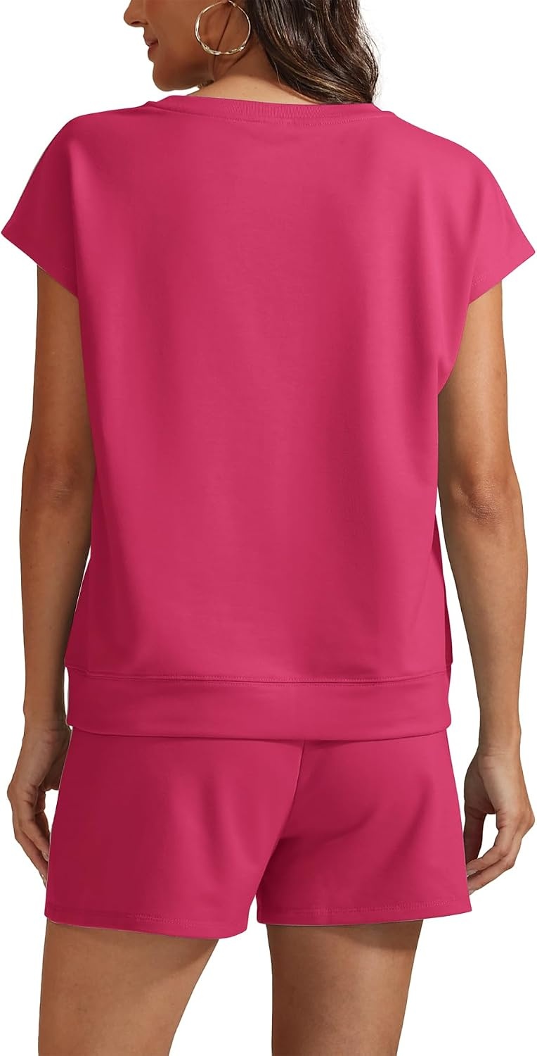 image:imageATHMILE Womens Two Piece Crew Neck Short Sets Cap Sleeve Drawstring Spring Summer Sweatsuit with Pocket Beach VacationHot Pink